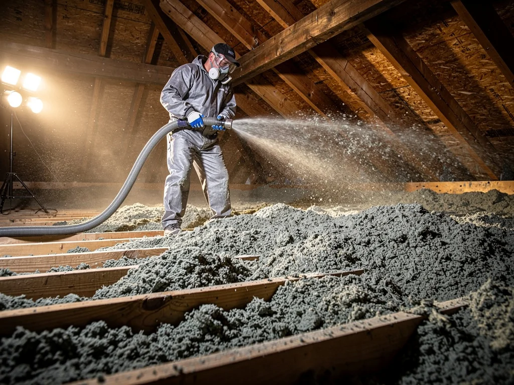 Artisan soufflant de la laine minérale sur le plancher de combles perdus
