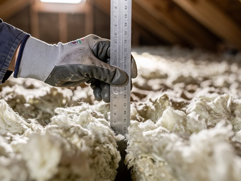 Artisan RGE vérifiant l'épaisseur d'isolant posée à la règle graduée
